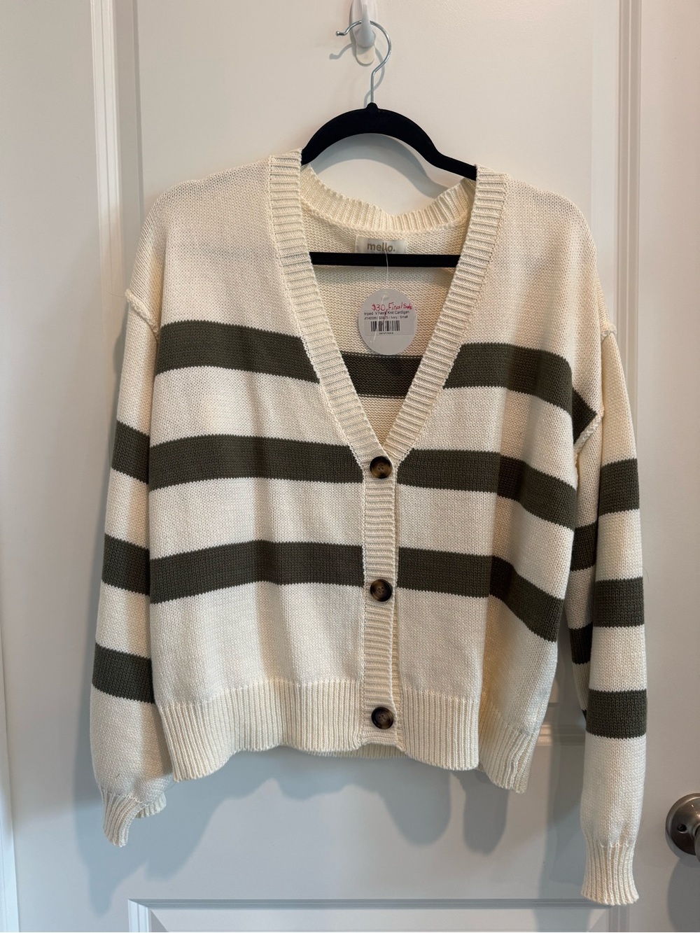 Striped Oversized V-Neck Button Cardigan in Cream and Olive